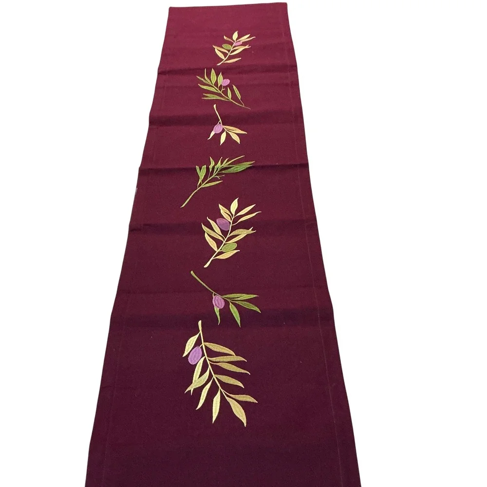 Burgundy‎ Table Runner with Embroidered Olive Branch Design, Elegant Decor